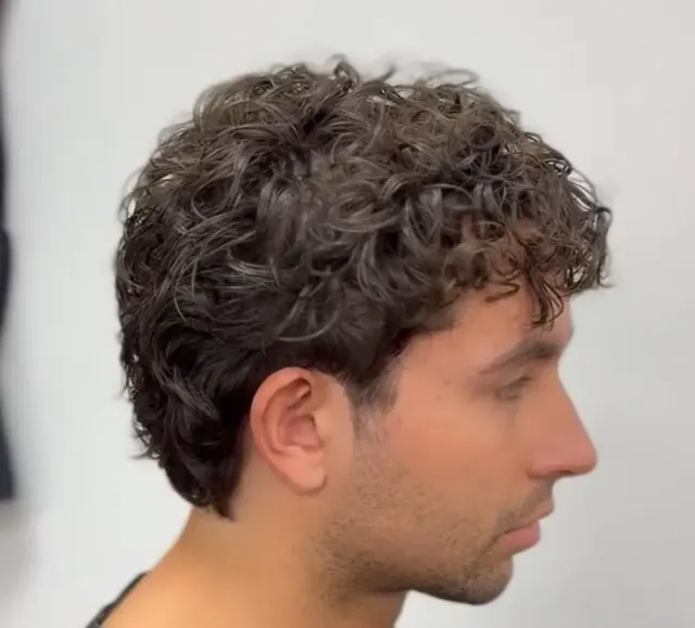 Textured short curly haircut viewed from the side
