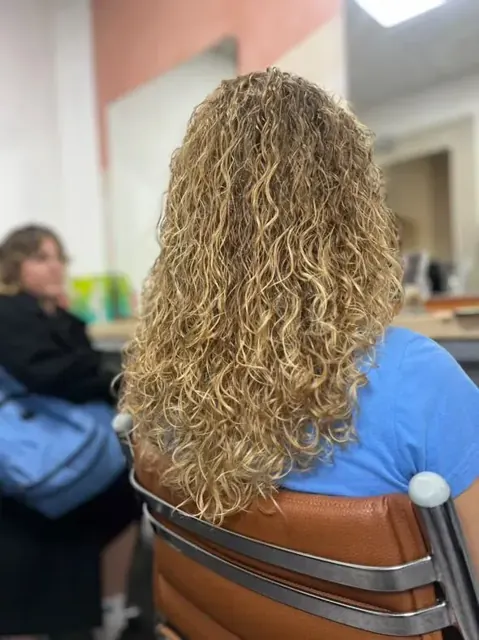 Long blonde curls viewed from behind